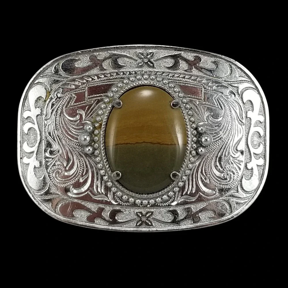 Vintage Western Silver Tone Floral Engraved Belt Buckle‎ with Brown Jasper Stone